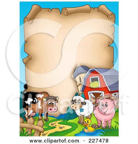 Royalty-Free (RF) Clipart Illustration of a Cow, Sheep, Duck And Pig With A Barn And Silo Around An Aged Parchment Page by visekart