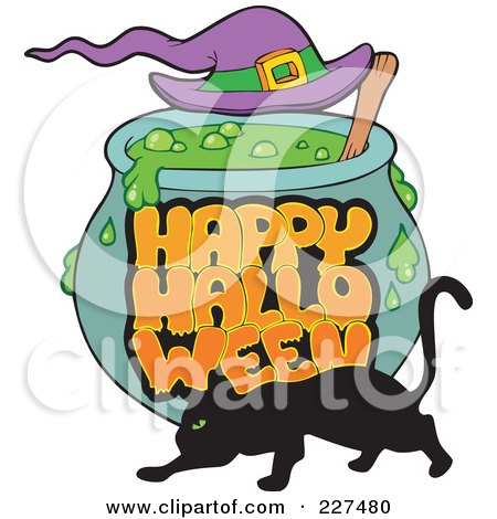 Royalty-Free (RF) Clipart Illustration of a Happy Halloween Greeting On A Witch Cauldron, With A Black Cat by visekart