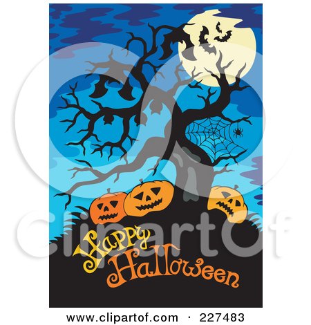 Royalty-Free (RF) Clipart Illustration of a Bats And A Full Moon With A Bare Tree Over Jackolanterns And Happy Halloween Text On Blue by visekart