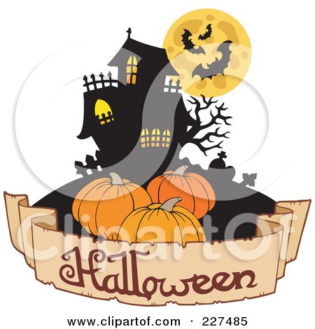 Royalty-Free (RF) Clipart Illustration of a Halloween Banner Under Pumpkins And A Haunted House With Bats by visekart