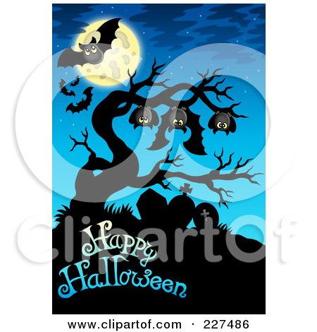 Royalty-Free (RF) Clipart Illustration of Bats Hanging From A Tree Branch Over A Cemetery And Happy Halloween On Blue by visekart