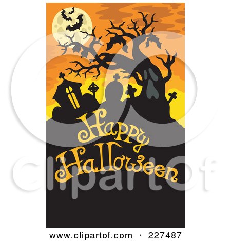 Royalty-Free (RF) Clipart Illustration of Vampire Bats Hanging From A Bare Tree Over A Happy Halloween Greeting And Tombstones On Orange by visekart