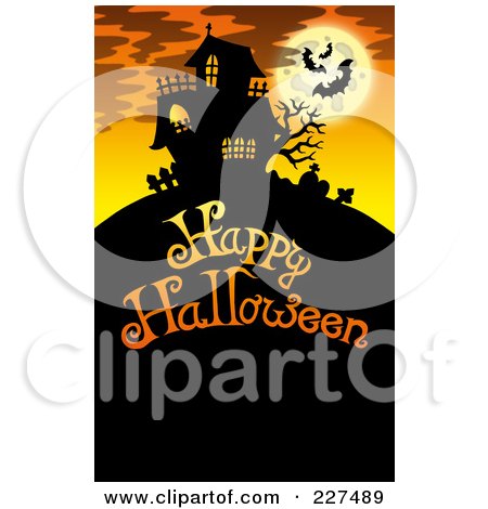 Royalty-Free (RF) Clipart Illustration of a Haunted Mansion With Bats And A Full Moon Over Happy Halloween Text - 5 by visekart