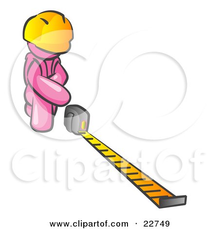Clipart Illustration of a Pink Man Contractor Wearing A Hardhat, Kneeling And Measuring by Leo Blanchette