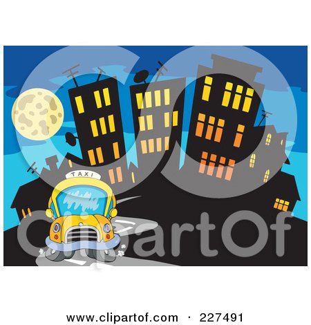 Royalty-Free (RF) Clipart Illustration of a Taxi Cab Driving Away From A City At Night by visekart