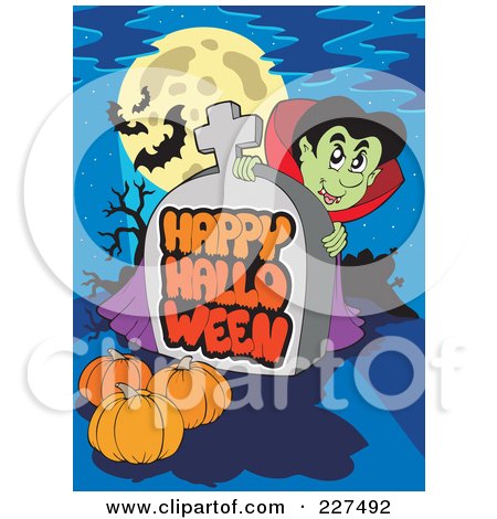 Royalty-Free (RF) Clipart Illustration of a Vampire Looking Around A Happy Halloween Greeting On A Tombstone Under A Full Moon by visekart