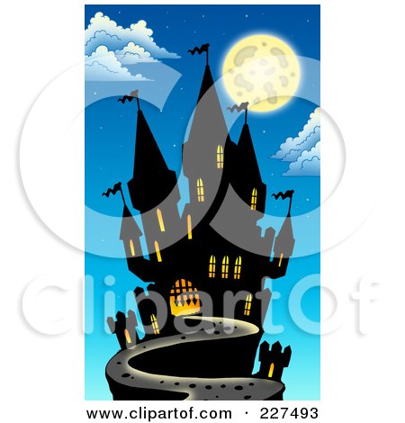 Royalty-Free (RF) Clipart Illustration of a Full Moon Above A Dark Castle by visekart