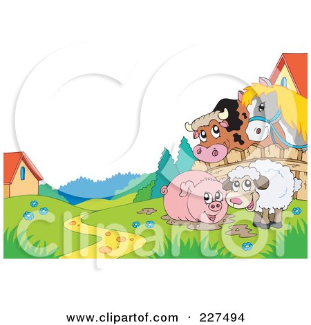 Royalty-Free (RF) Clipart Illustration of a Horse And Cow Looking Over A Fence At A Piggy In Mud And Sheep by visekart