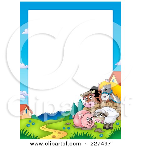 Royalty-Free (RF) Clipart Illustration of a Horse And Cow Looking Over A Fence At A Pig In Mud And Sheep Border Frame by visekart