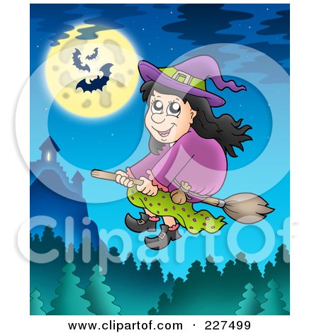 Royalty-Free (RF) Clipart Illustration of a Witch Flying Over Trees On A Night With A Full Moon And Bats by visekart