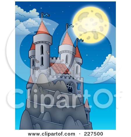 Royalty-Free (RF) Clipart Illustration of a Full Moon Above A Castle On A Hill by visekart