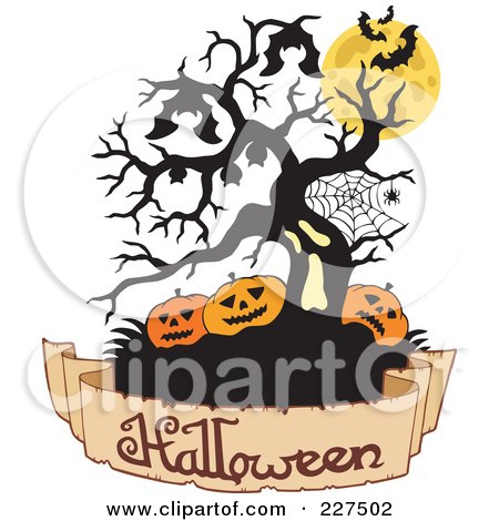 Royalty-Free (RF) Clipart Illustration of Bats Hanging From A Ghostly Tree With A Web, Jackolanterns And A Halloween Banner by visekart