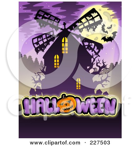 Royalty-Free (RF) Clipart Illustration of a Full Moon, Bats And Haunted Windmill Over Halloween Text On Purple by visekart