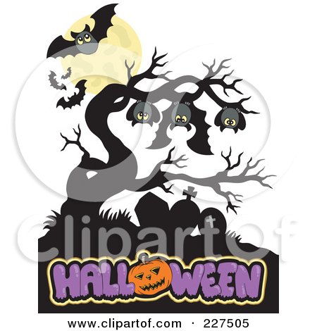 Royalty-Free (RF) Clipart Illustration of Bats And A Full Moon Over A Bare Tree And Halloween Text by visekart