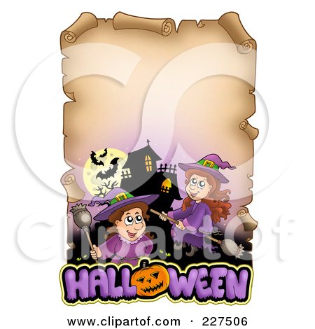 Royalty-Free (RF) Clipart Illustration of an Aged Parchment Page With Witches, A Haunted House And Halloween Text by visekart