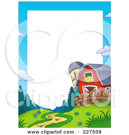 Royalty-Free (RF) Clipart Illustration of a Path Leading To A Red Barn And Silo Border Frame Around White by visekart