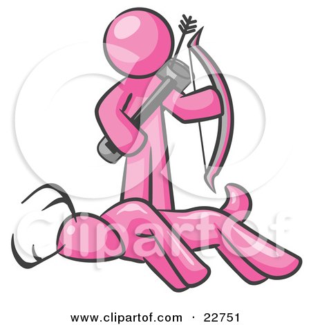 Clipart Illustration of a Pink Man, A Hunter, Holding A Bow And Arrow Over A Dead Buck Deer by Leo Blanchette