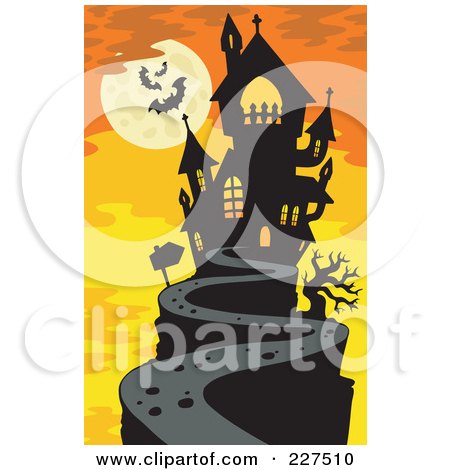 Royalty-Free (RF) Clipart Illustration of a Path Leading To A Haunted Mansion On A Hilltop, Under A Full Moon With Bats Over Orange by visekart