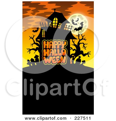 Royalty-Free (RF) Clipart Illustration of a Haunted Mansion With Bats And A Full Moon Over Happy Halloween Text - 4 by visekart