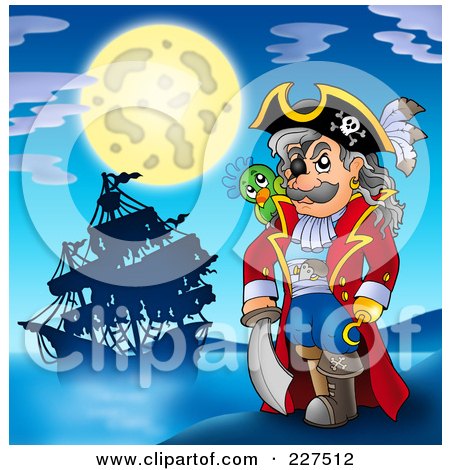 Royalty-Free (RF) Clipart Illustration of a Pirate With A Sword And Parrot, On A Beach, His Ship Under The Moon Light by visekart