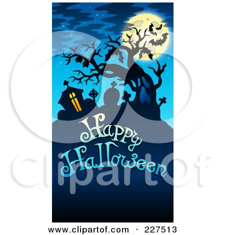 Royalty-Free (RF) Clipart Illustration of a Happy Halloween Greeting With Tombstones, Bats And A Full Moon On Blue by visekart