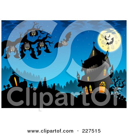 Royalty-Free (RF) Clipart Illustration of Bats Hanging From A Tree Branch Over A Cemetery By A Haunted House On Blue by visekart