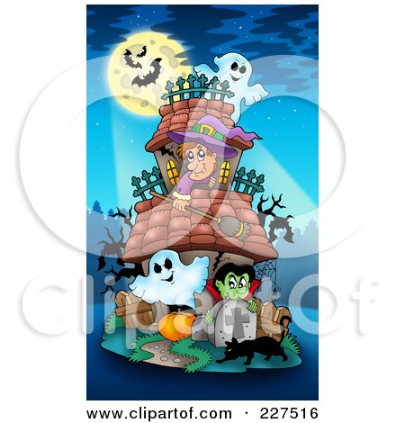 Royalty-Free (RF) Clipart Illustration of a Bats In Front Of A Full Moon Over A Witch, Ghosts And Vampire At A Haunted House by visekart