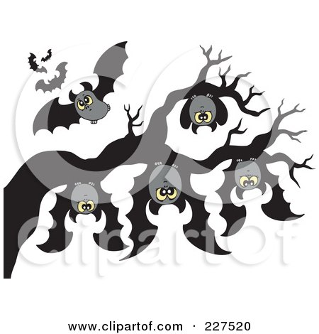 Royalty-Free (RF) Clipart Illustration of Vampire Bats Hanging From A Tree Branch by visekart