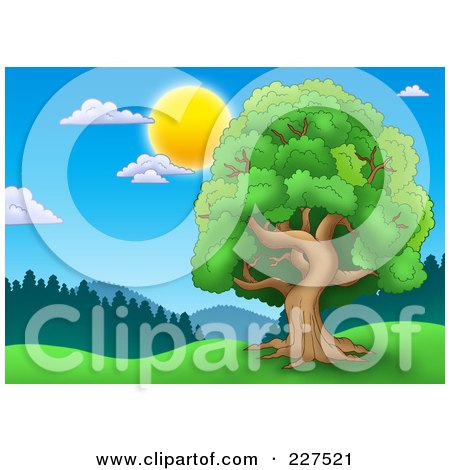 Royalty-Free (RF) Clipart Illustration of a Leafy Tree With A Green Canopy Of Foliage In A Hilly Landscape With A Forest by visekart