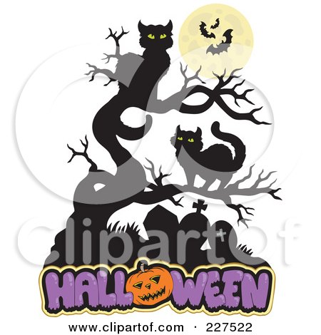 Royalty-Free (RF) Clipart Illustration of Cats In A Tree Over Halloween Text by visekart