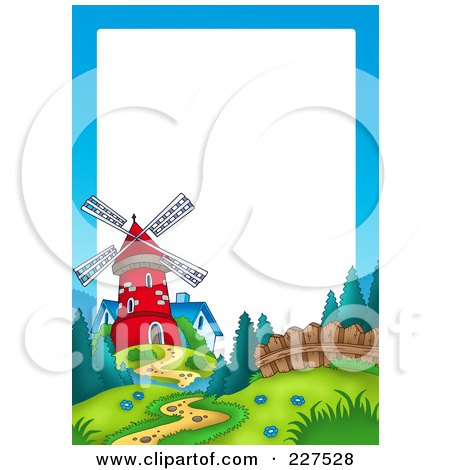 Royalty-Free (RF) Clipart Illustration of a Path Leading To A Red Windmill By A Blue House Border Frame by visekart