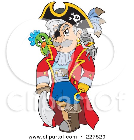 Royalty-Free (RF) Clipart Illustration of a Senior Pirate With A Sword, Hook Hand And Parrot by visekart