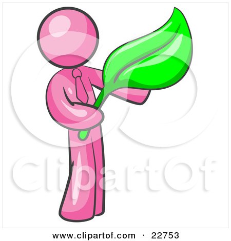 Clipart Illustration of a Pink Man Holding A Green Leaf, Symbolizing Gardening, Landscaping Or Organic Products by Leo Blanchette