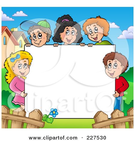 Royalty-Free (RF) Clipart Illustration of a Happy Children Holding Up A Blank Sign Board, Bordered By Houses And A Fence by visekart