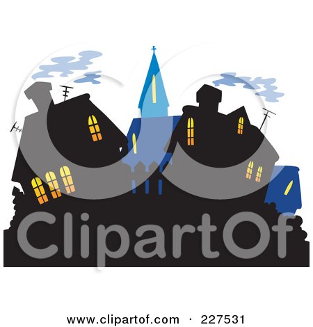 Royalty-Free (RF) Clipart Illustration of a Village Skyline With Illuminated Windows by visekart