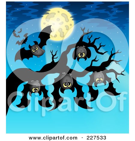 Royalty-Free (RF) Clipart Illustration of Bats Hanging From A Tree Branch In The Moon Light by visekart