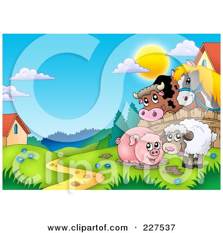 Royalty-Free (RF) Clipart Illustration of a Muddy Pig And Sheep By A Fence With A Cow And Horse by visekart