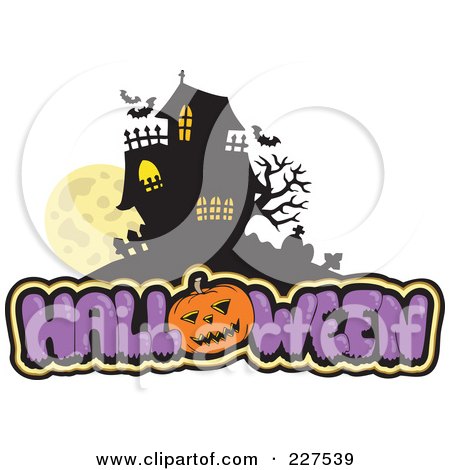 Royalty-Free (RF) Clipart Illustration of a Full Moon With Vampire Bats Over Halloween Text by visekart