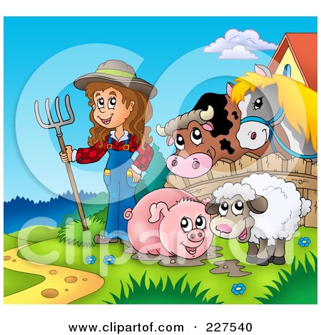 Royalty-Free (RF) Clipart Illustration of a Muddy Pig, Sheep And Farmer By A Fence With A Cow And Horse by visekart