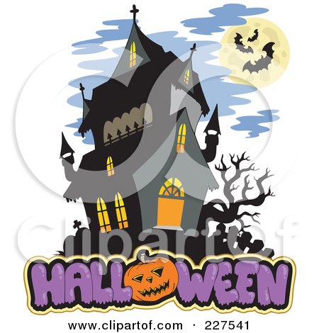 Royalty-Free (RF) Clipart Illustration of a Full Moon With Vampire Bats And A Bare Tree Over Halloween Text by visekart