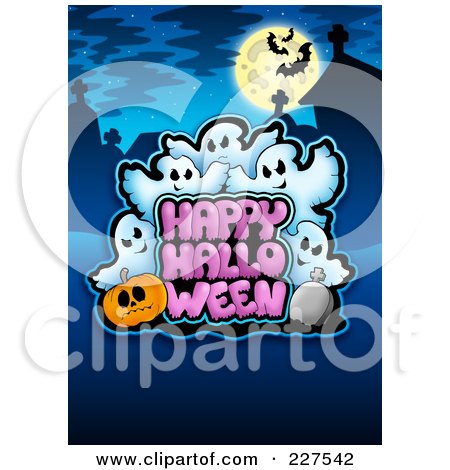 Royalty-Free (RF) Clipart Illustration of a Happy Halloween Greeting With Ghosts, Tombstones, Bats And A Full Moon On Blue by visekart