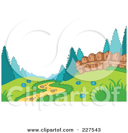 Royalty-Free (RF) Clipart Illustration of a Foot Path Leading Through A Meadow Near A Fence At The Edge Of A Forest by visekart