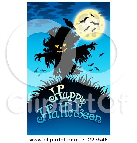 Royalty-Free (RF) Clipart Illustration of a Creepy Scarecrow And Bats Over Happy Halloween Text On Blue by visekart
