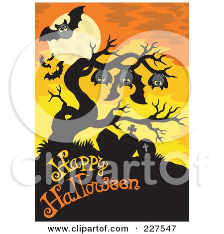 Royalty-Free (RF) Clipart Illustration of Bats And A Full Moon Over A Bare Tree And Happy Halloween Text Over Orange by visekart