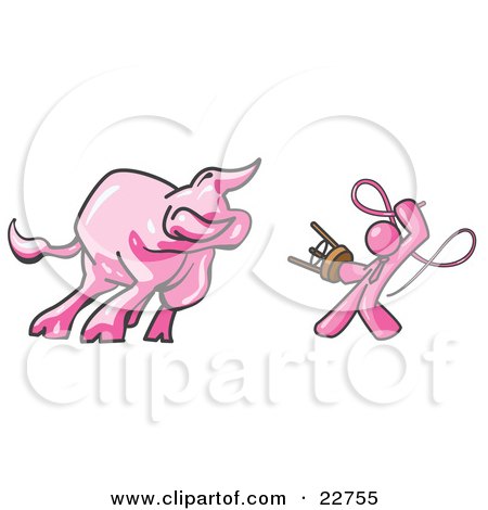 Clipart Illustration of a Pink Man Holding a Stool and Whip While Taming a Bull, Bull Market by Leo Blanchette