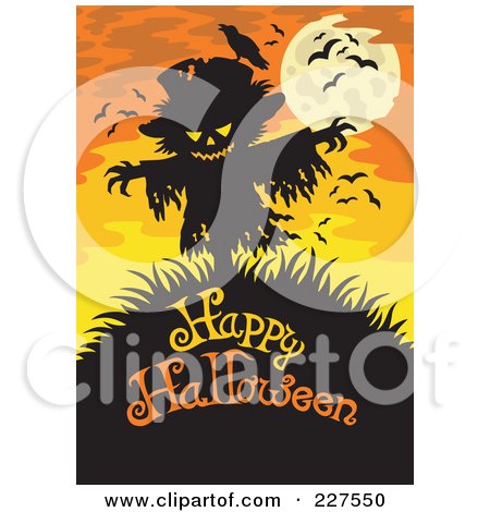 Royalty-Free (RF) Clipart Illustration of a Scarecrow Over Happy Halloween Text On Orange by visekart