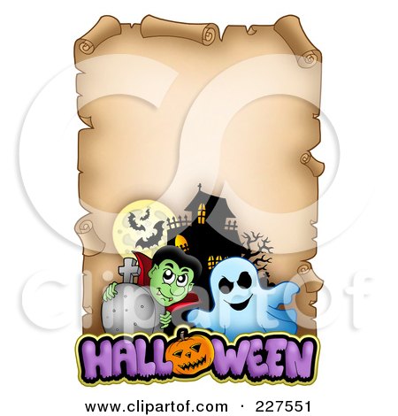 Royalty-Free (RF) Clipart Illustration of an Aged Parchment Page With A Ghost, Vampire, Bats And A Haunted House And Halloween Text by visekart