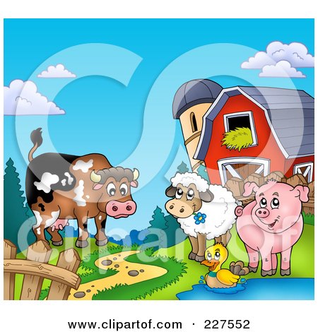 Royalty-Free (RF) Clipart Illustration of a Cow, Sheep, Duck And Pig By A Path, Silo And Barn by visekart