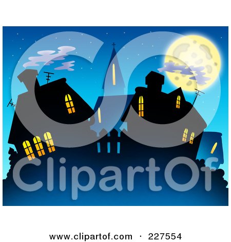 Royalty-Free (RF) Clipart Illustration of a Village Skyline With Lit Windows At Night by visekart