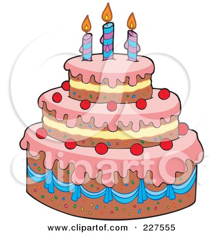 Royalty-Free (RF) Clipart Illustration of a Pink Frosted Tiered Birthday Cake With Three Candles by visekart